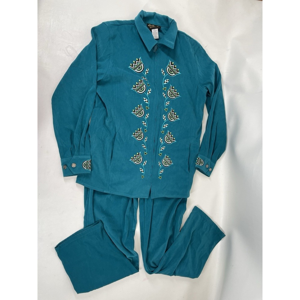 Bob Mackie Wearable Art Floral Embroidered Jacket Pants Set‎ Womens Size S Blue